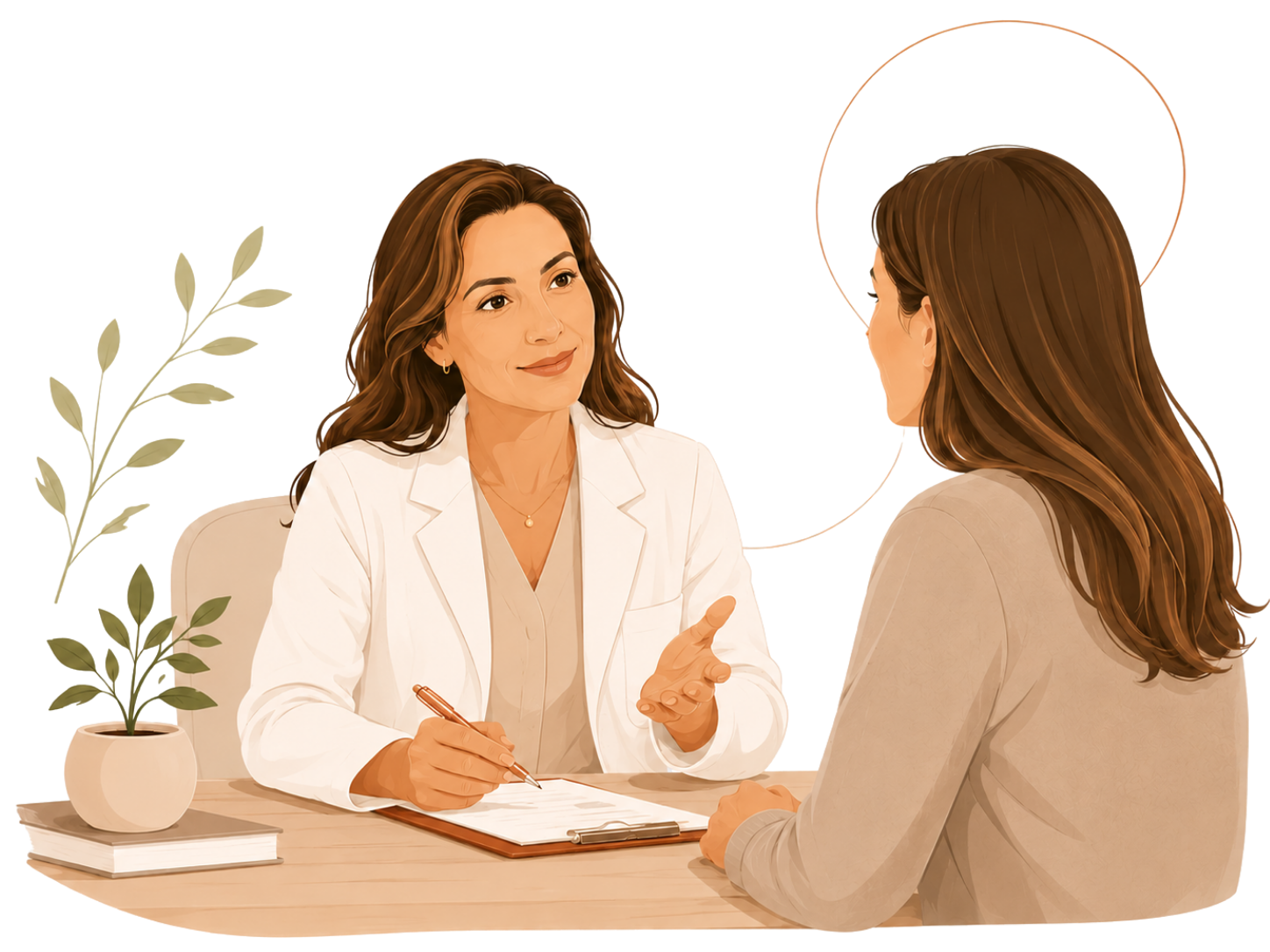 Ilustração de uma médica conversando com uma paciente em consulta acolhedora
